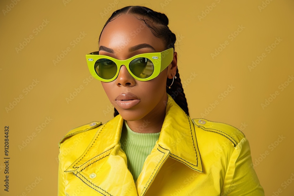 Stylish portrait of young black woman in sunglasses against vibrant neon backdrop Stylish portrait of young black woman in sunglasses against vibrant neon backdrop