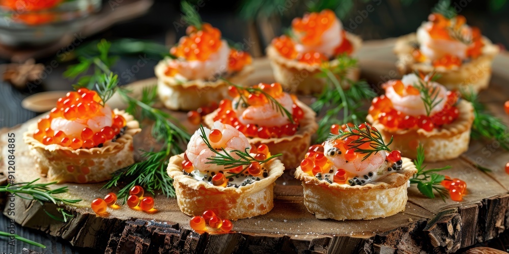 Tartlets with liver pate red caviar shrimp and fish Classic buffet appetizers from the original menu Tartlets with liver pate red caviar shrimp and fish Classic buffet appetizers from the original menu