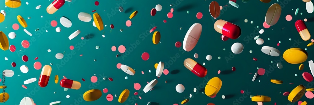 Colorful Pills Falling on a Teal Background: A Visual Representation of Medication and Healthcare Colorful Pills Falling on a Teal Background: A Visual Representation of Medication and Healthcare