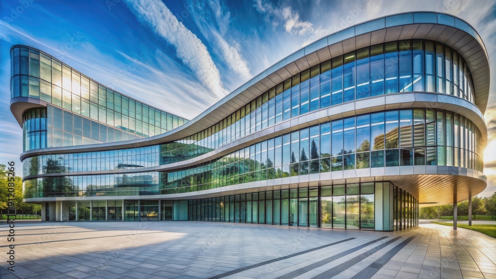 Fototapeta premium Modern architectural building with curved stone and glass facade, architecture, modern, building, curved, stone, glass