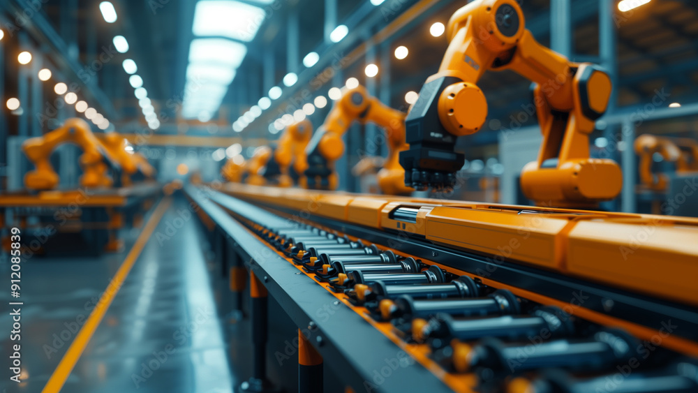 Modern factory assembly line with advanced robotic arms working efficiently to manufacture products Modern factory assembly line with advanced robotic arms working efficiently to manufacture products