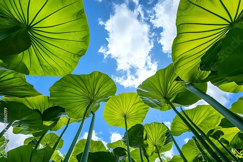 Giant Lotus Leaves Reach for the Sky on a Sunny Day photo