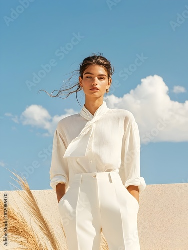 Graceful Woman Posing in Serene Natural Landscape on Sunny Summer Day