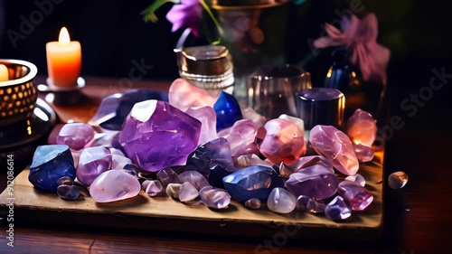 Colorful crystals displayed on wooden table with candles and flowers in a cozy setting