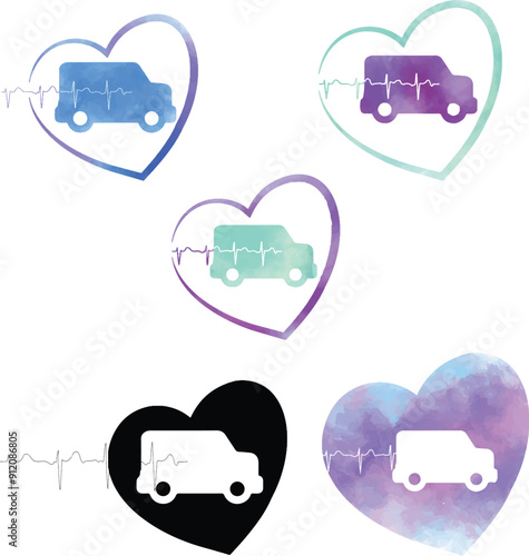 Medical van with heart vector design, logo design, medical logo concept, hear with eco lines and medical van