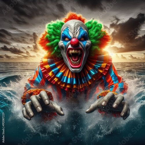 clown angry on beach view gopro raealistic photo