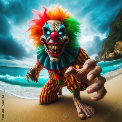 clown angry on beach view gopro raealistic photo