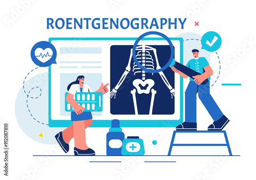 Roentgenography Vector Illustration with Fluorography Body Checkup Procedure, X-ray Scanning or Roentgen in Health Care in a Flat Cartoon Background