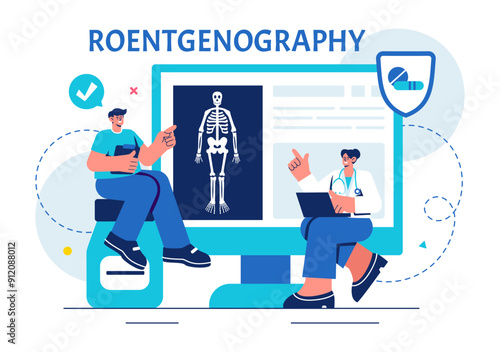 Roentgenography Vector Illustration with Fluorography Body Checkup Procedure, X-ray Scanning or Roentgen in Health Care in a Flat Cartoon Background