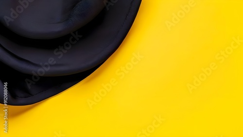close up of a hat, close up the black hat on bright yellow background
