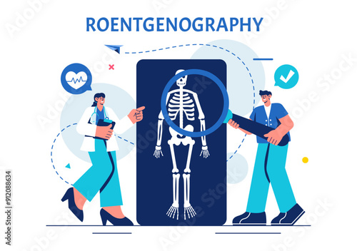 Roentgenography Vector Illustration with Fluorography Body Checkup Procedure, X-ray Scanning or Roentgen in Health Care in a Flat Cartoon Background