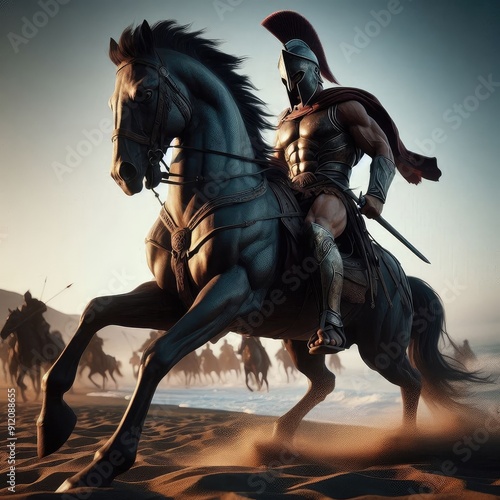 spartan riding horse on beach 3d design