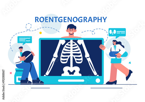 Roentgenography Vector Illustration with Fluorography Body Checkup Procedure, X-ray Scanning or Roentgen in Health Care in a Flat Cartoon Background