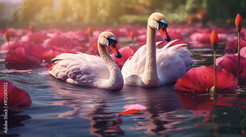 Fototapeta Naklejka Na Ścianę i Meble -  a pair of swans swim among the lotuses