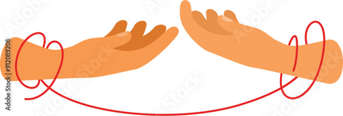 Two hands are reaching for each other, tied together by the red string of fate, symbolizing a destined connection