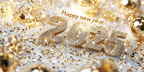 Text mit Glitter und Deko Happy New Year 2025 Frohes neus Jahr 2025 für Karte Einladung Werbebanner photo