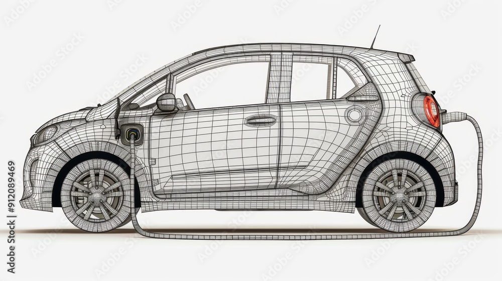 Fototapeta premium Cartoon 3D outline of an electric vehicle EV with alternative electricity power source, transparent background