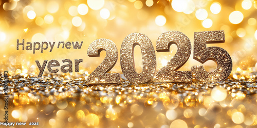 Text mit Glitter und Deko Happy New Year 2025 Frohes neus Jahr 2025 für Karte Einladung Werbebanner photo