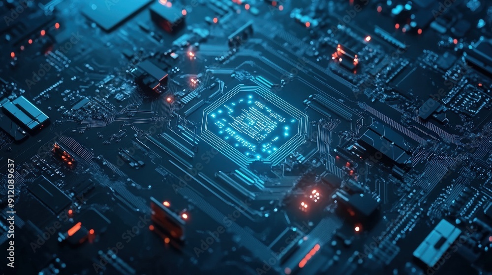Fototapeta premium Glowing blue microchip on a dark circuit board representing advanced computing power and artificial intelligence.