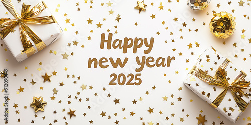 Text mit Glitter und Deko Happy New Year 2025 Frohes neus Jahr 2025 für Karte Einladung Werbebanner photo