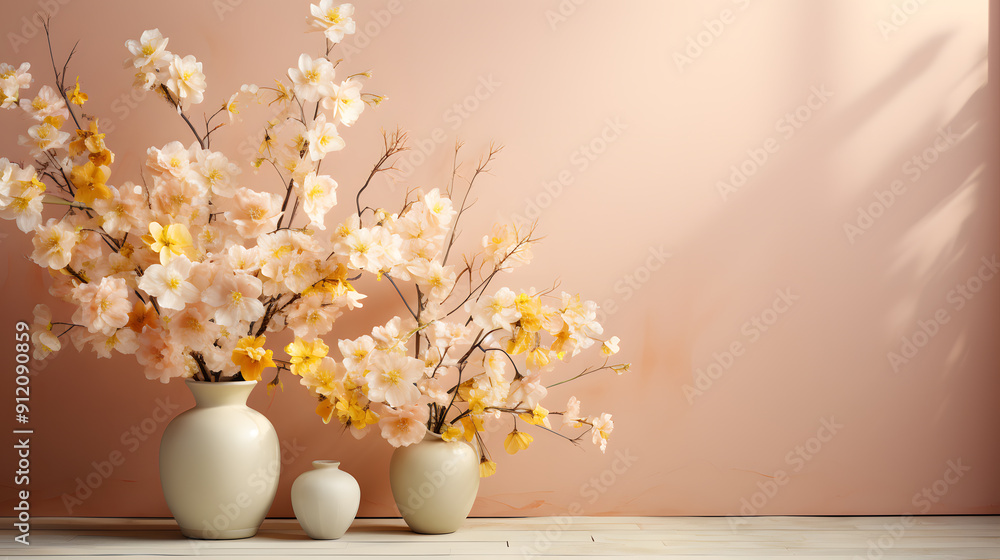 Pastel wall with minimal flower accents pale yellow and peach pink background Pastel wall with minimal flower accents pale yellow and peach pink background