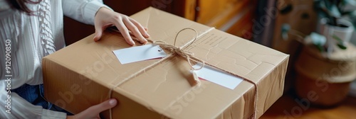 E commerce sales concept with online orders label stickers and woman s hand holding a small fashion business package delivered in a cardboard box Startup of a home based boutique by a female