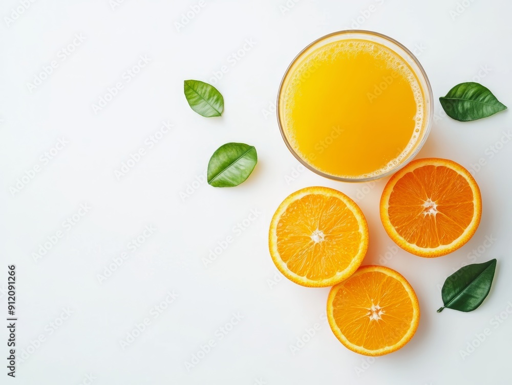 Fresh Orange Juice with Slices and Leaves on White Background Fresh Orange Juice with Slices and Leaves on White Background