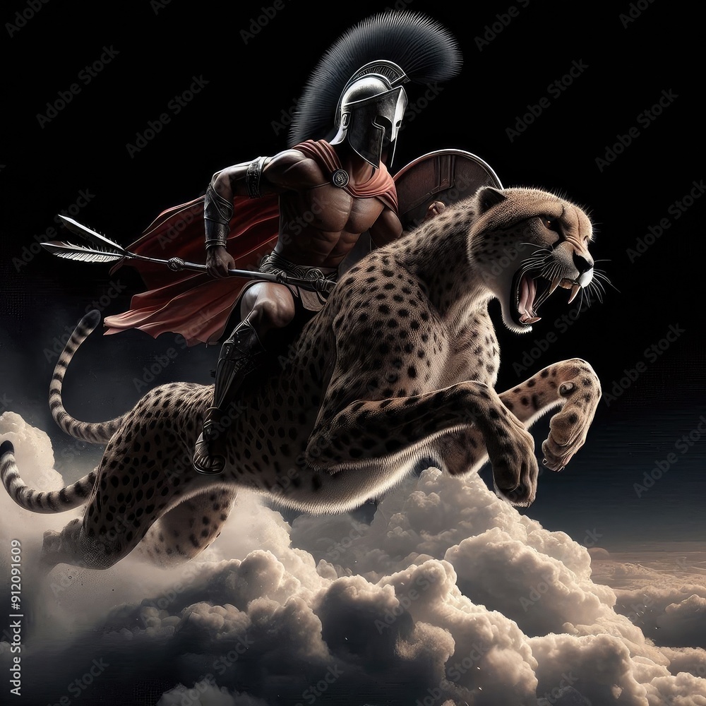 Obraz premium spartan riding cheetah on cloud 3d design
