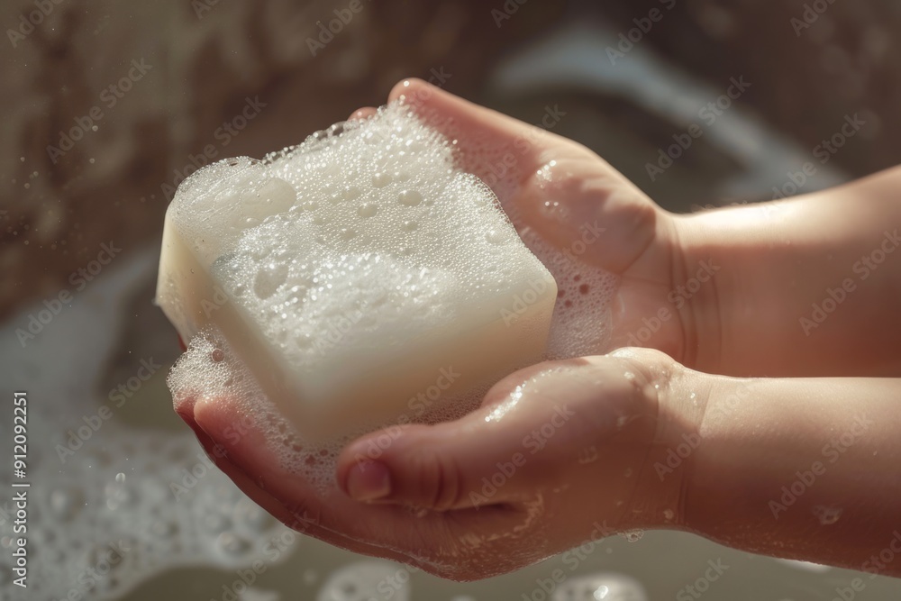 A child's hand holding a foaming bar of soap, concept for a public service announcement, educating about body hygiene A child's hand holding a foaming bar of soap, concept for a public service announcement, educating about body hygiene