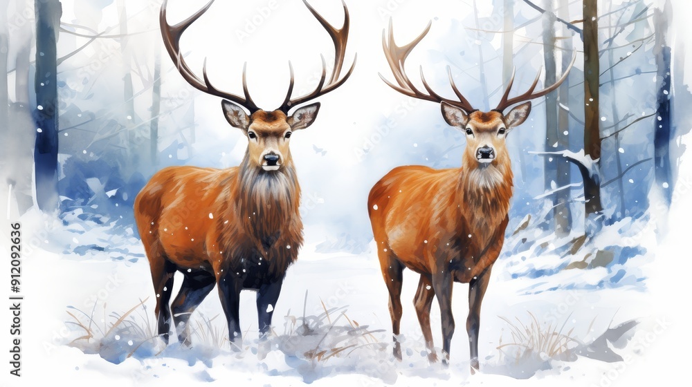 Captivating watercolor painting of two deer in an enchanting winter forest scene Captivating watercolor painting of two deer in an enchanting winter forest scene