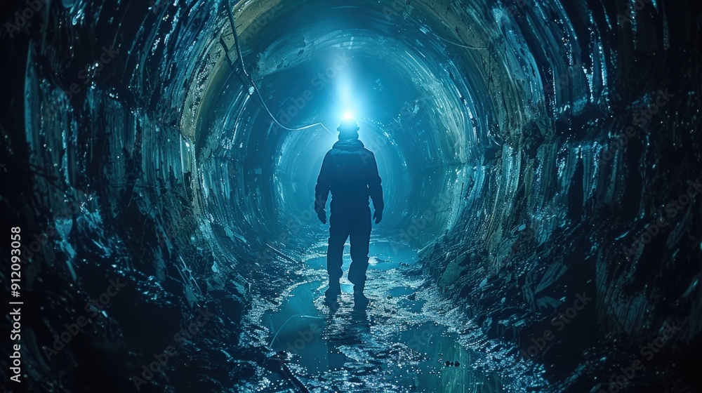 A lone explorer walks through a dark and eerie tunnel, illuminated only by the light of his headlamp. A lone explorer walks through a dark and eerie tunnel, illuminated only by the light of his headlamp.