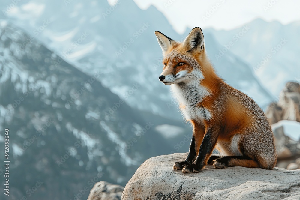 Close-up of a fox sitting on a rock with a mountain background Close-up of a fox sitting on a rock with a mountain background