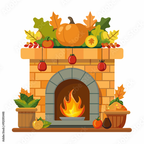 Fireplace with Thanksgiving mantel display art vector illustration