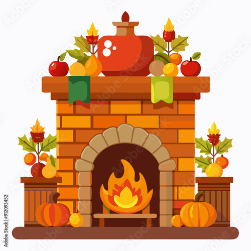 Fireplace with Thanksgiving mantel display art vector illustration