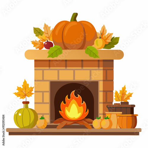 Fireplace with Thanksgiving mantel display art vector illustration