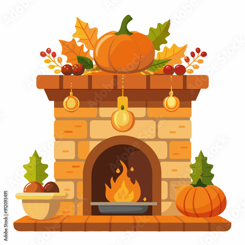 Fireplace with Thanksgiving mantel display art vector illustration