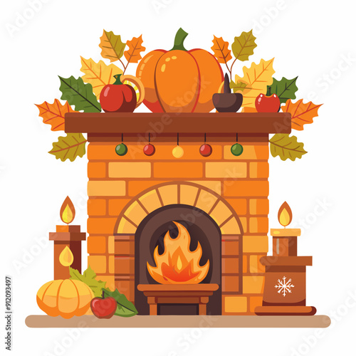 Fireplace with Thanksgiving mantel display art vector illustration