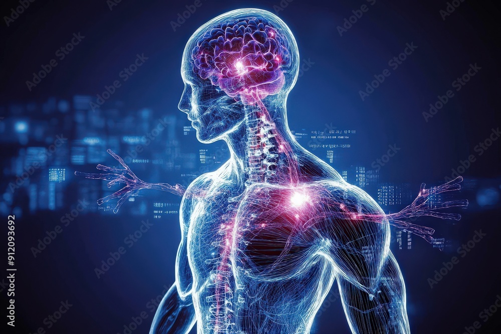 A detailed illustration of a human body showcasing the nervous system and brain activity, highlighting neural connections. A detailed illustration of a human body showcasing the nervous system and brain activity, highlighting neural connections.