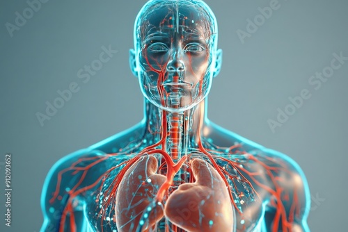 A detailed digital illustration showcasing the human circulatory system highlighting arteries and veins in a transparent body.