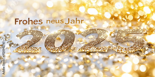 Text mit Glitter und Deko Frohes neus Jahr 2025 für Karte Einladung Werbebanner photo