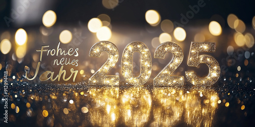 Text mit Glitter und Deko Frohes neus Jahr 2025 für Karte Einladung Werbebanner photo