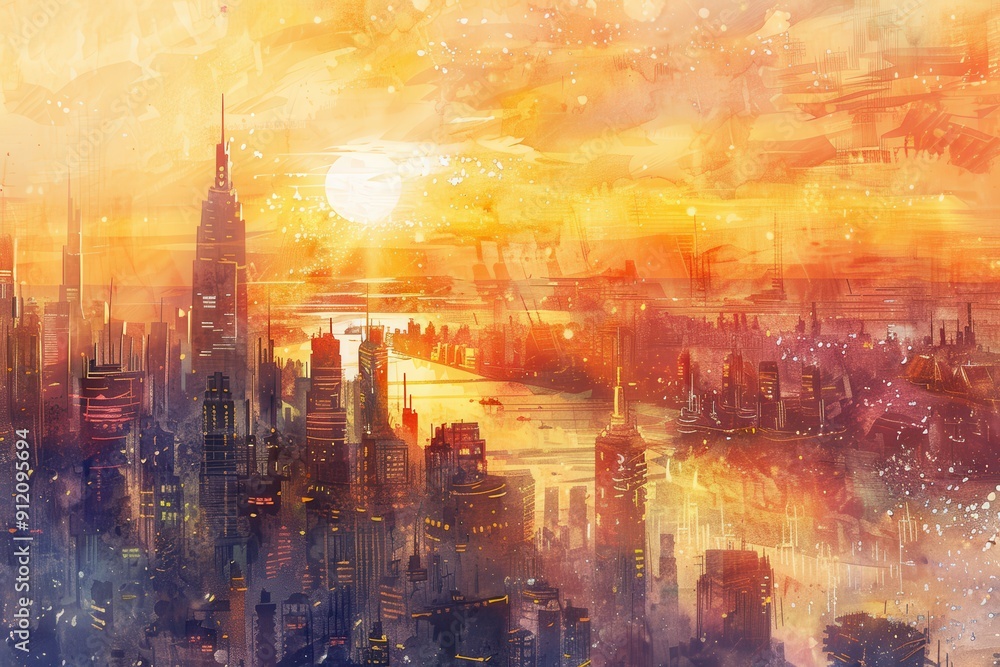 custom made wallpaper toronto digitalBeautiful watercolor painting of a bustling cityscape at sunset, with vibrant orange and yellow hues illuminating the skyline.