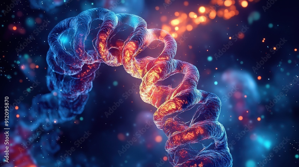 A vibrant representation of a DNA strand, showcasing colorful, swirling patterns and ethereal particles in a dark backdrop. A vibrant representation of a DNA strand, showcasing colorful, swirling patterns and ethereal particles in a dark backdrop.
