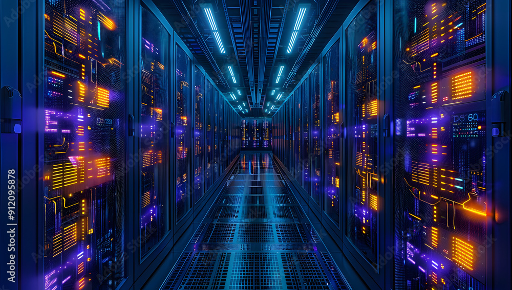 servers in a modern data center, in dark blue style servers in a modern data center, in dark blue style