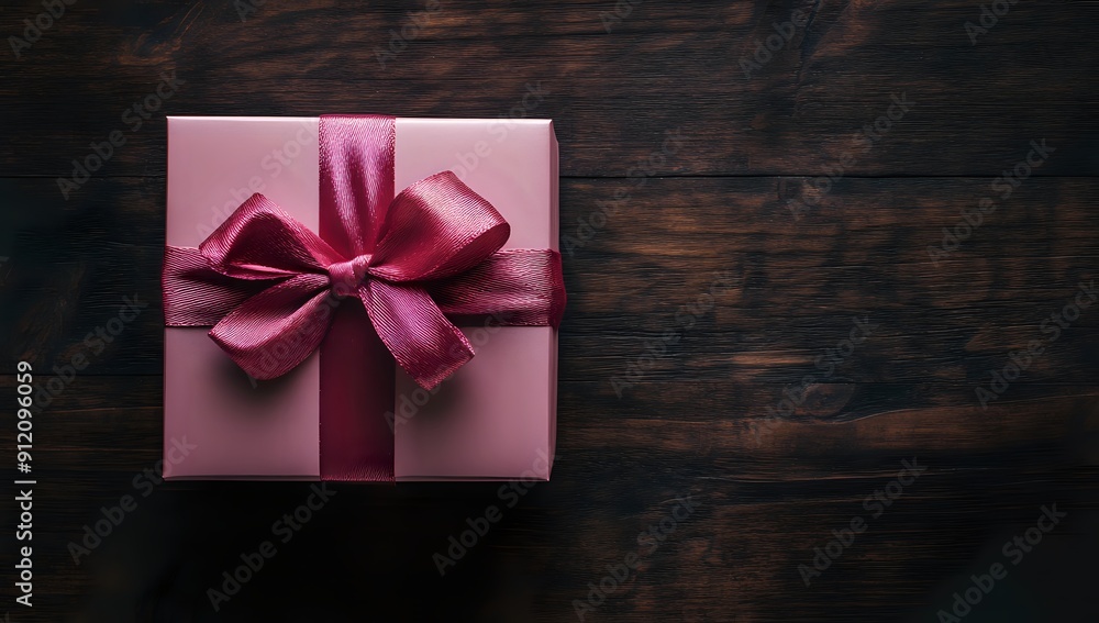 Pink Gift Box with Red Bow on Dark Wooden Background, Present, Surprise, Decoration, Celebration Pink Gift Box with Red Bow on Dark Wooden Background, Present, Surprise, Decoration, Celebration