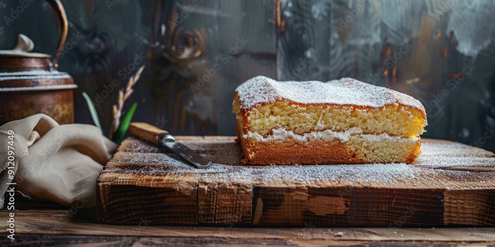Sponge cake homemade on a wooden cutting board placed on a rustic wooden table Sponge cake homemade on a wooden cutting board placed on a rustic wooden table