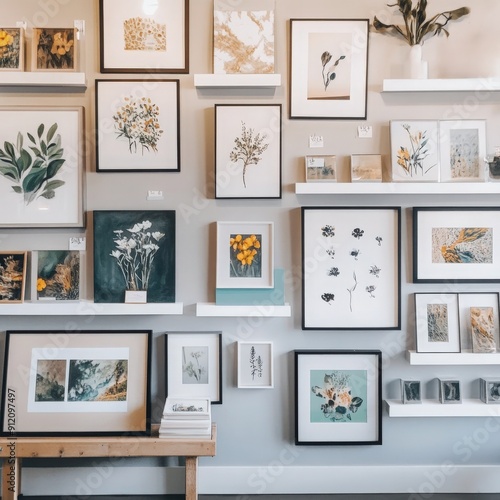 A beautifully arranged gallery wall featuring various framed artworks and floral prints, adding elegance to any space.