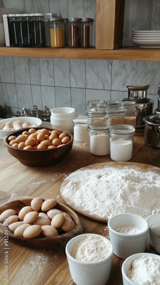 Fototapeta premium A cozy kitchen scene featuring various baking ingredients, including eggs, flour, and sugar, perfect for culinary inspiration.