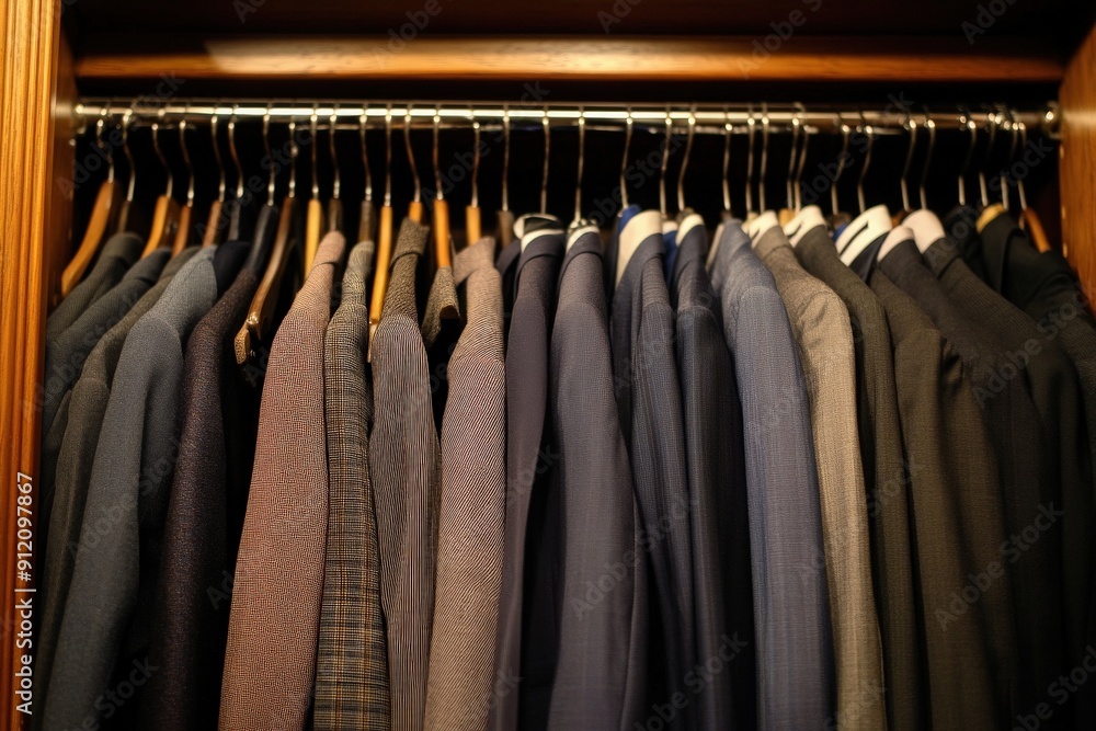 A neatly organized closet filled with various styles of formal suits and jackets, showcasing elegance and sophistication. A neatly organized closet filled with various styles of formal suits and jackets, showcasing elegance and sophistication.