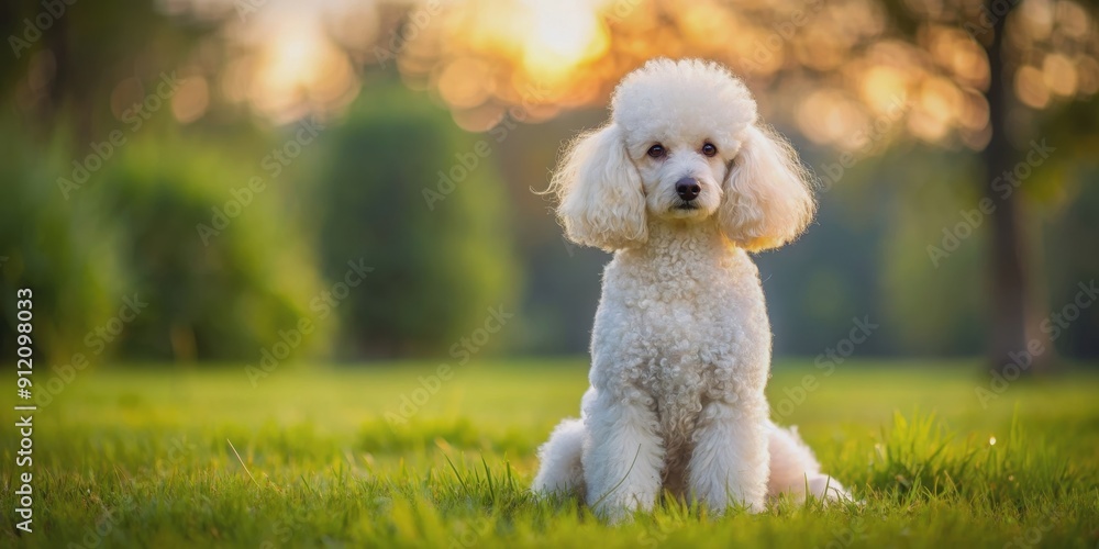 Fluffy white poodle sitting obediently on a grassy field , Poodle, Dog, Cute, Fluffy, White, Purebred, Pet, Canine Fluffy white poodle sitting obediently on a grassy field , Poodle, Dog, Cute, Fluffy, White, Purebred, Pet, Canine